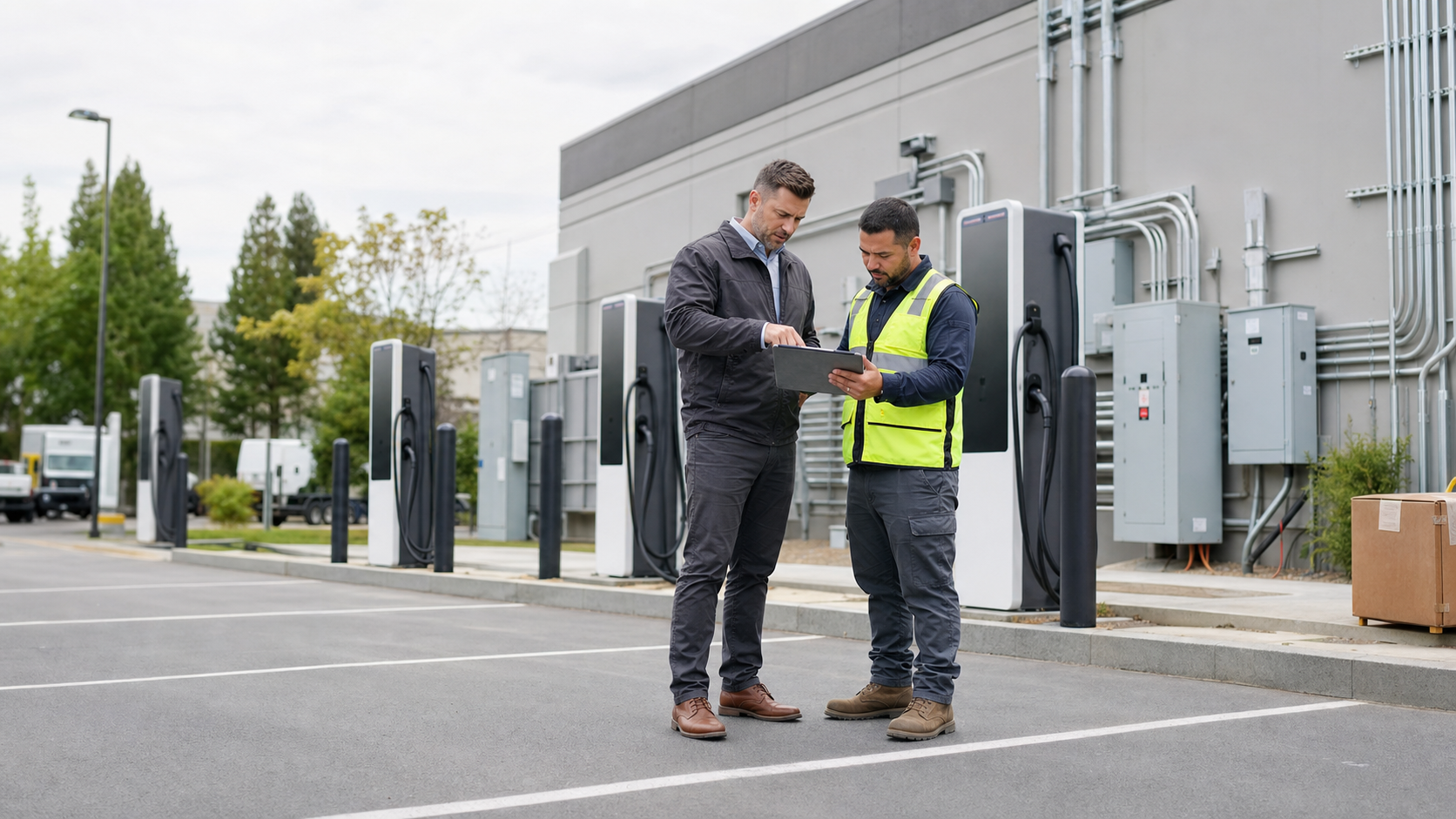 Project lead and electrical contractor coordinating a commercial EV charging deployment