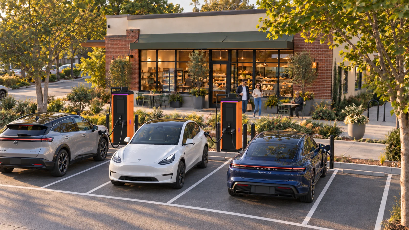 Concept rendering of orange ChargeVia chargers outside a cafe and retail property